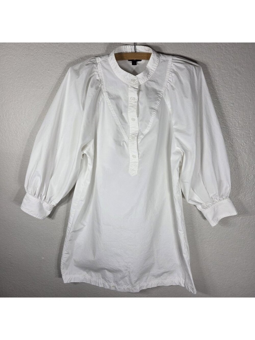 Banana Republic White Shirt Dress Mini Size S Ballon Sleeve Button Up Mock Neck